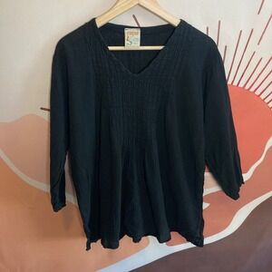 El Interior La Sirena Folk Art Black Cotton Tunic Top Mexico Fairy Cottage core